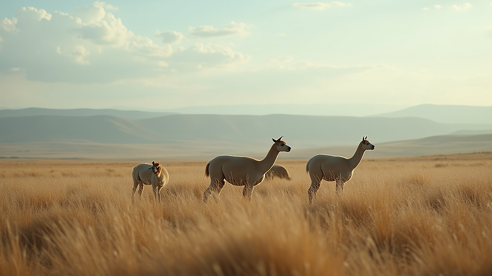 Wide angle view of a serene landscape with alpacas grazing