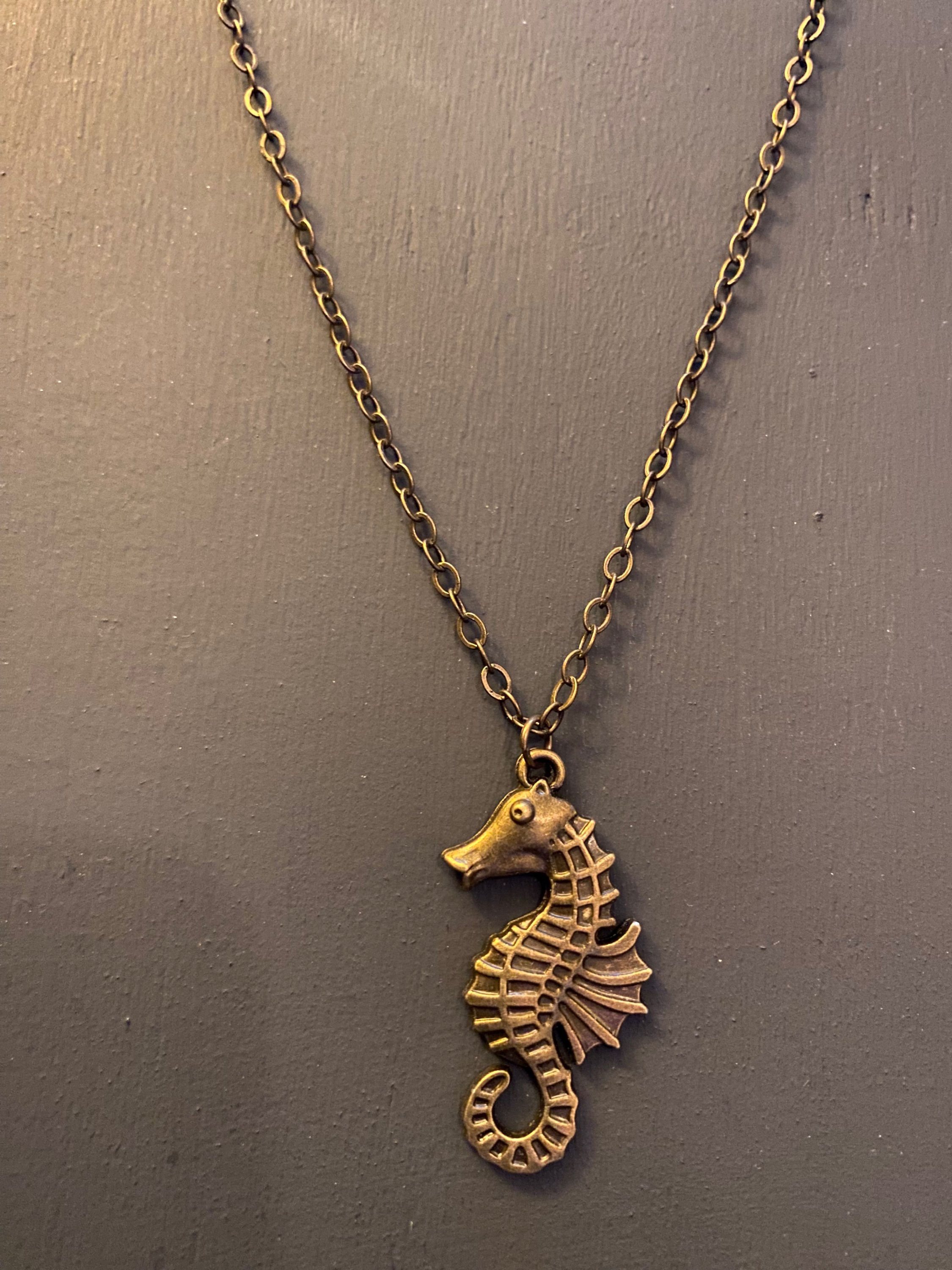 Antique Bronze Seahorse Charm Necklace 
