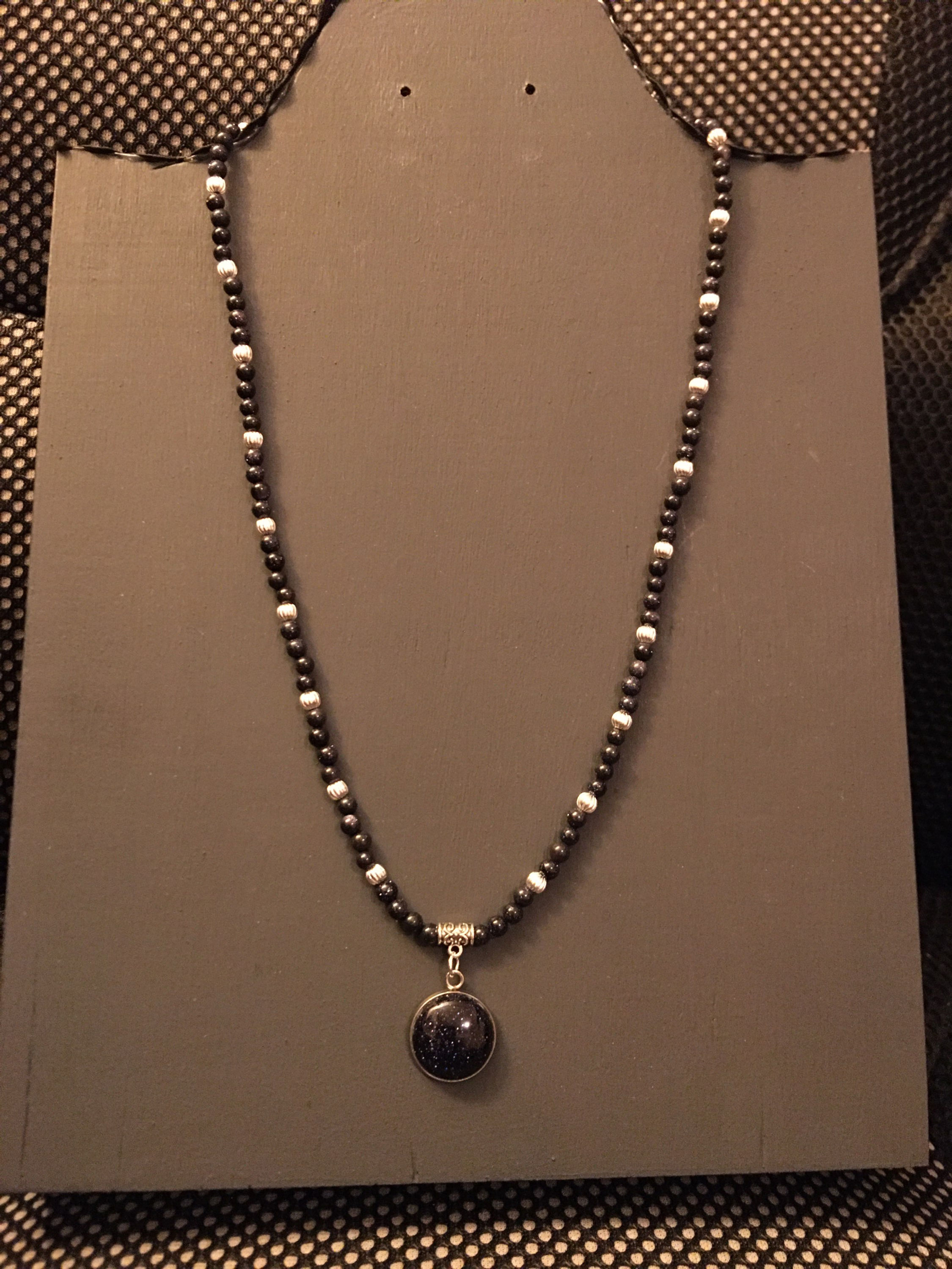 Blue Sandstone Beaded Necklace With Pendant (Silver)