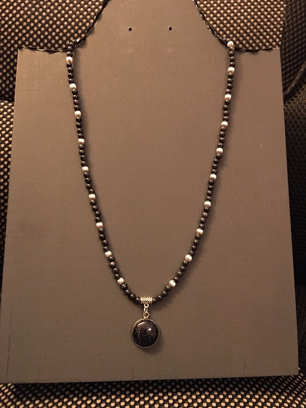 Blue Sandstone Beaded Necklace With Pendant (Silver)
