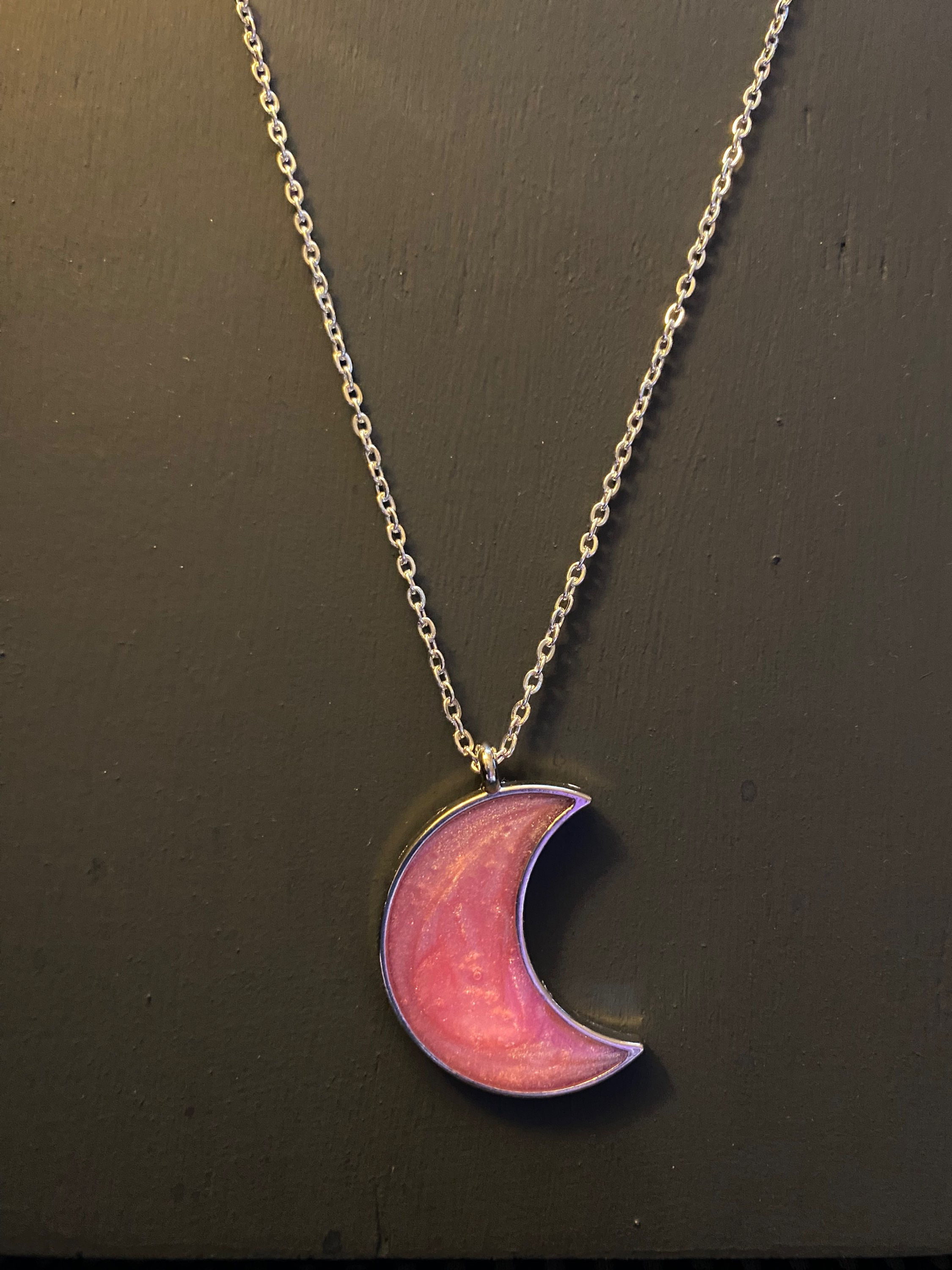 Pink Resin Filled Moon Pendant Necklace (Silver)