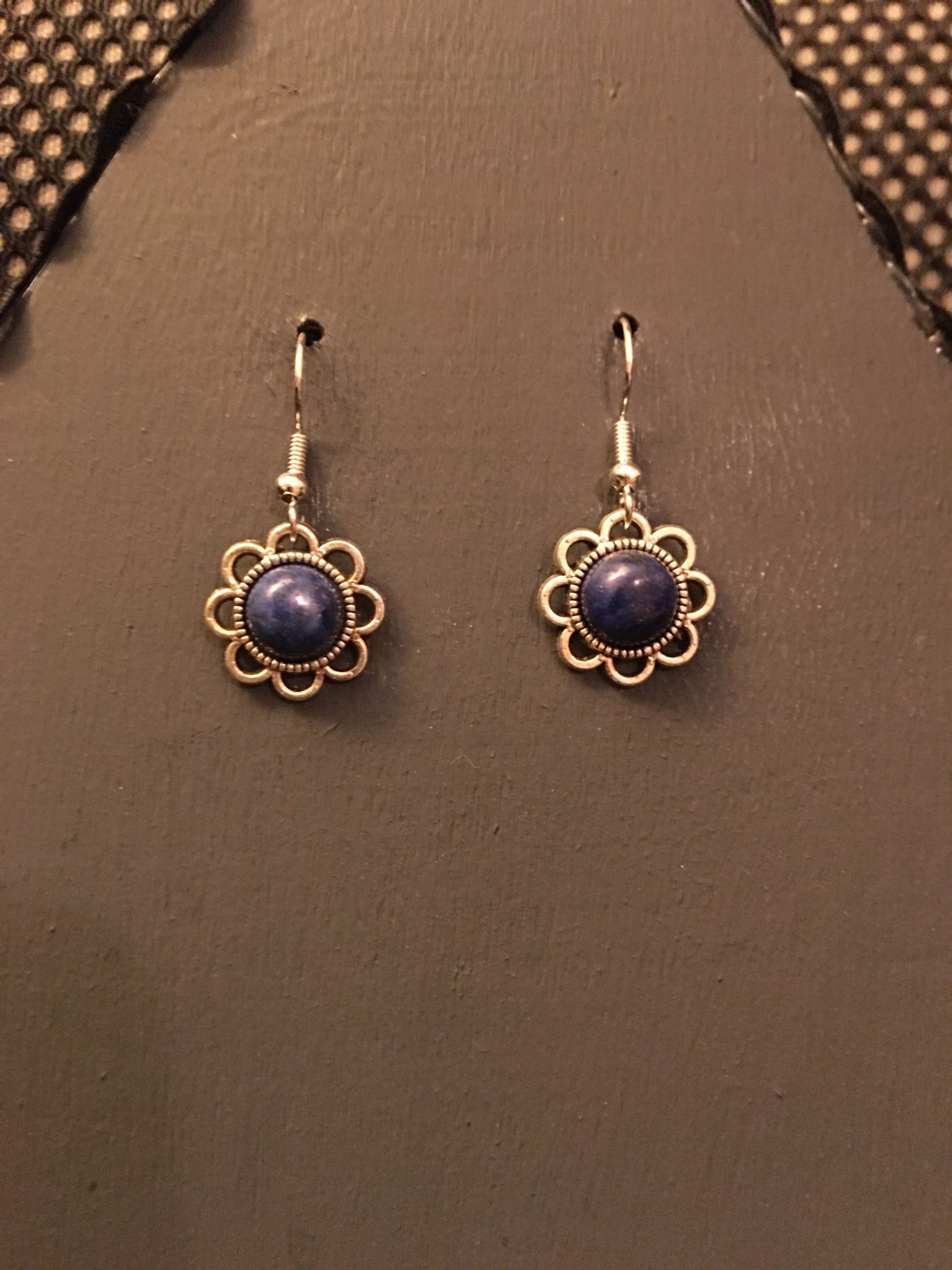 Lapis Lazuli Daisy Flower Pendant Earrings 