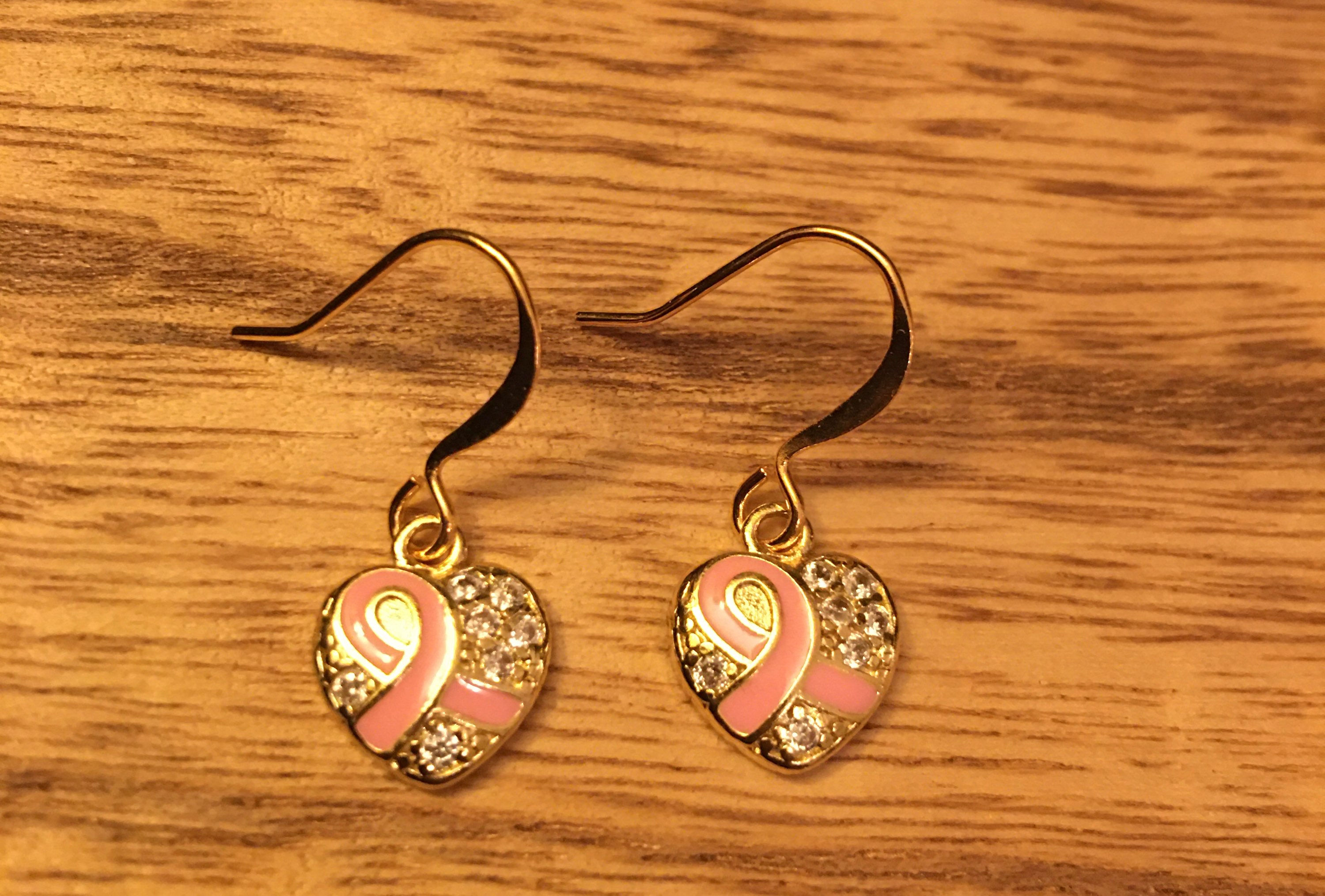 18k Gold Plated Cubic Zirconia Breast Cancer AwareneRibbon Heart Charm Earrings