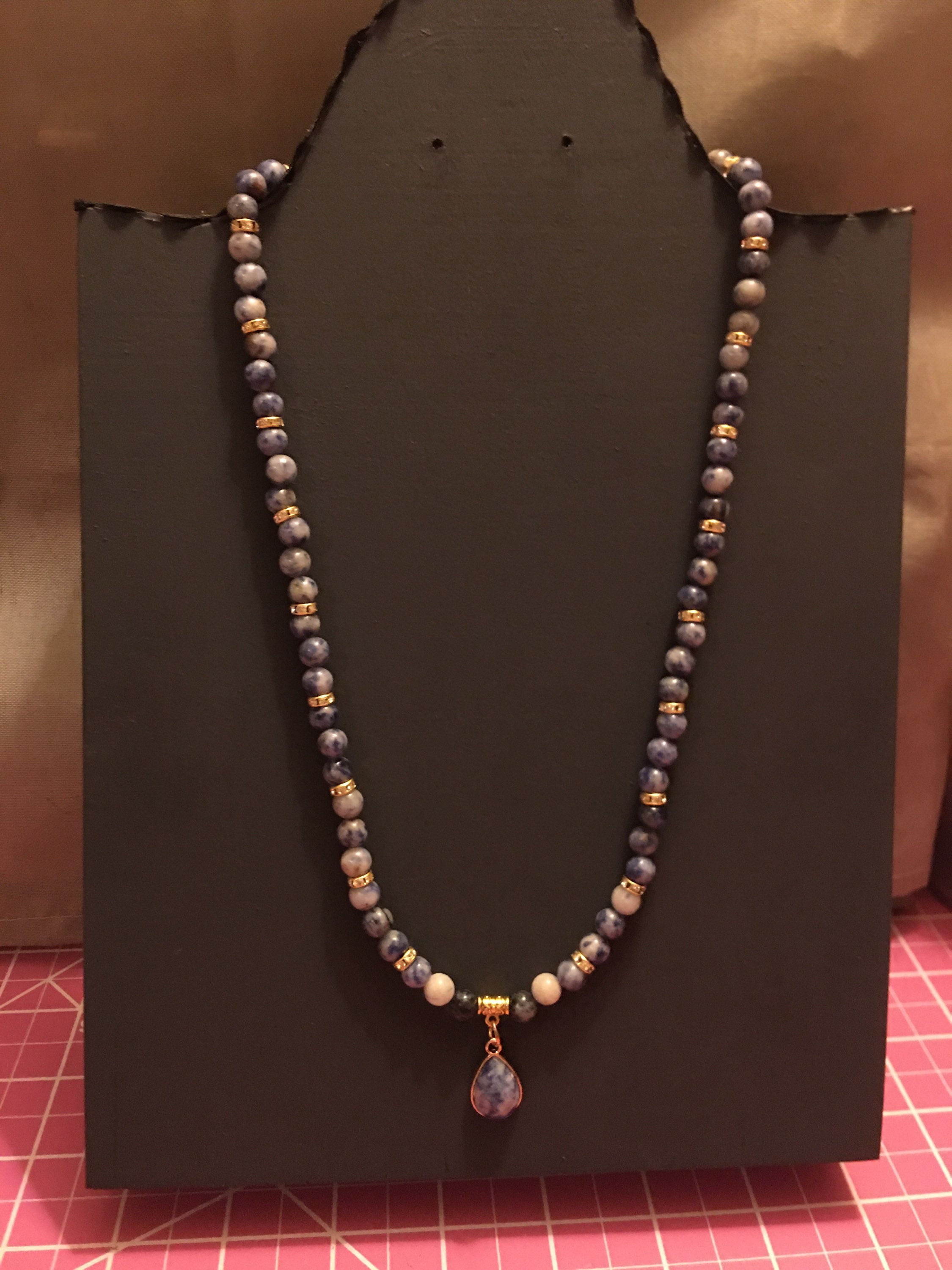 Blue Spot Jasper Beaded Necklace With Pendant (Gold)