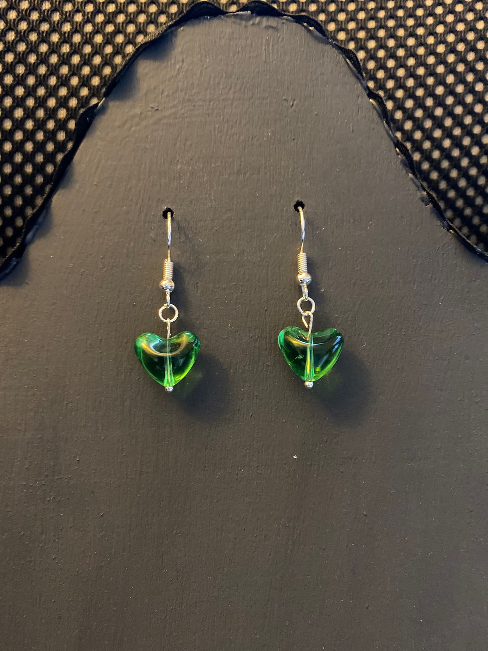 Thumbnail: Dangly Green Glass Heart Earrings 