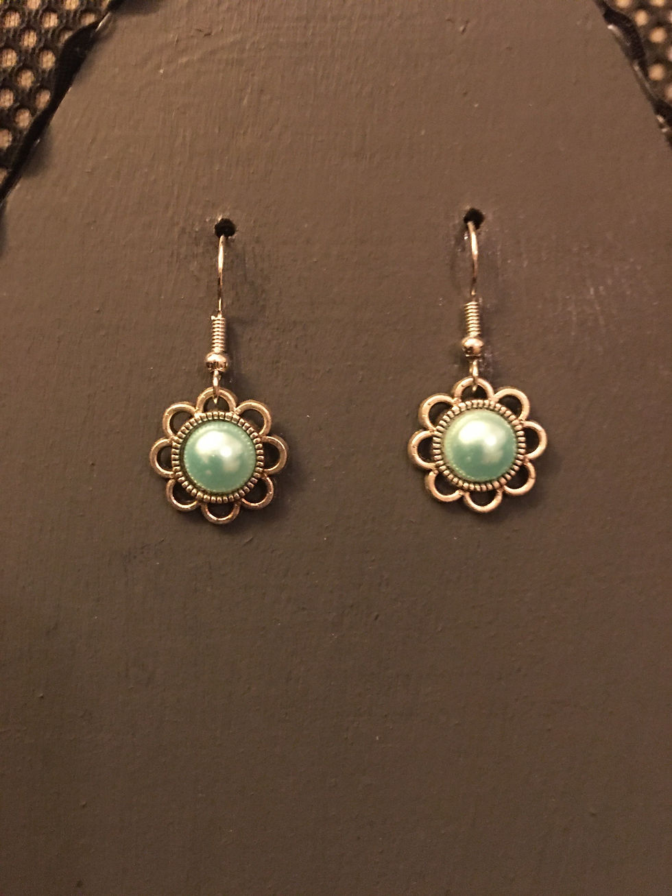 Thumbnail: Light Blue Pearl Daisy Flower Pendant Earrings 