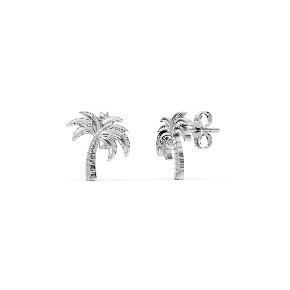 White gold palm tree earrings in a detailed front view