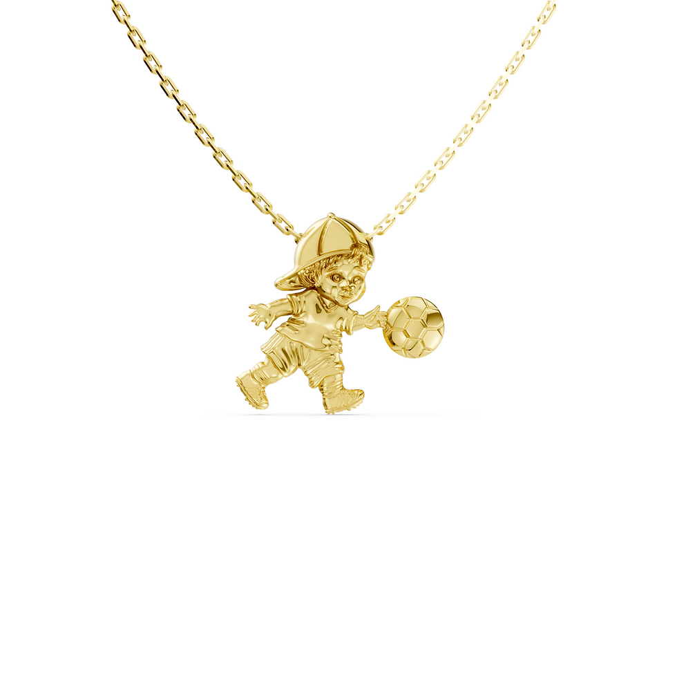 Yellow gold child playing ball pendant in a detailed front view