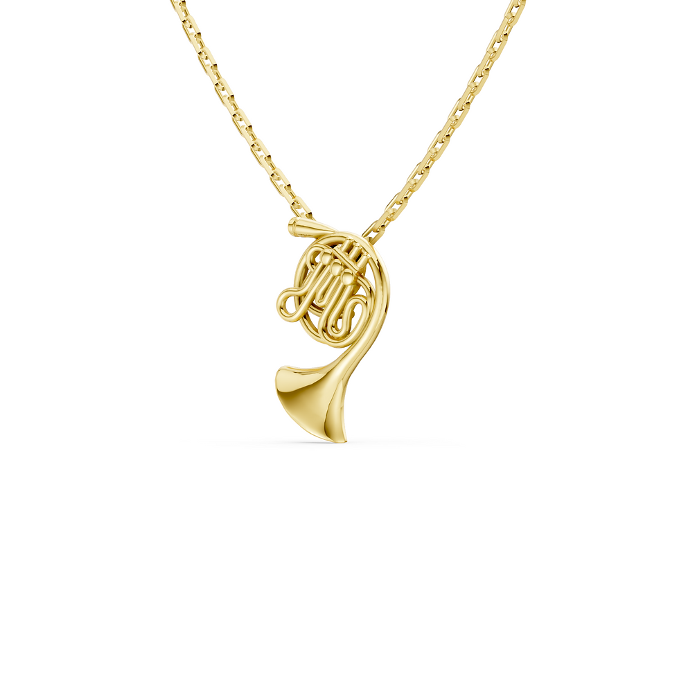 Yellow gold french horn pendant in a detailed side view