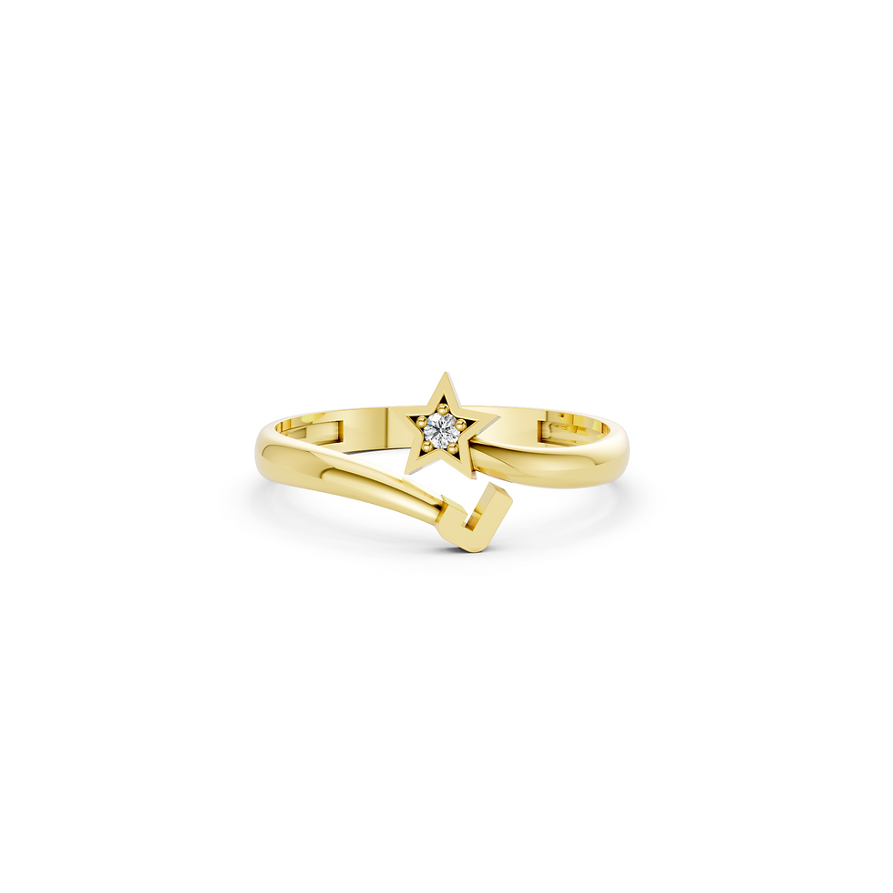 Yellow gold star & initial J ring in a detailed front view
