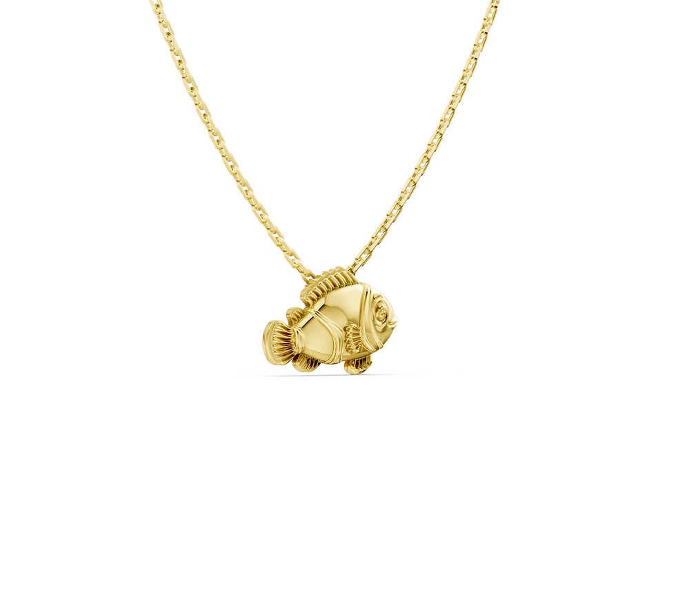 Yellow gold fish pendant in a detailed side view
