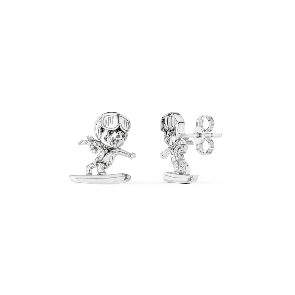 White gold snowboard kid earrings in a detailed front view