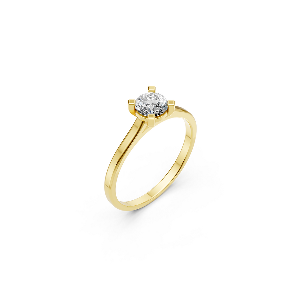 Yellow gold round-cut four-prong tapered solitaire ring in a detailed side view