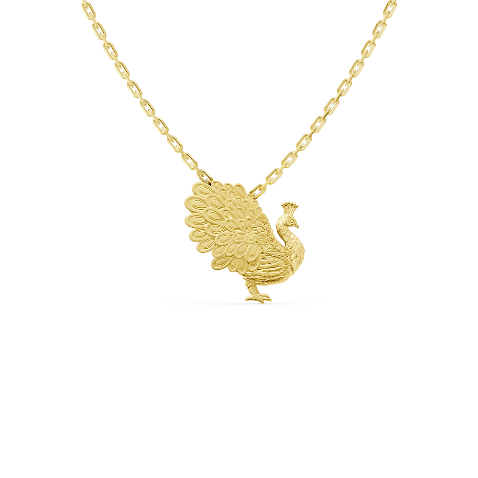 Yellow gold peacock pendant in a detailed front view