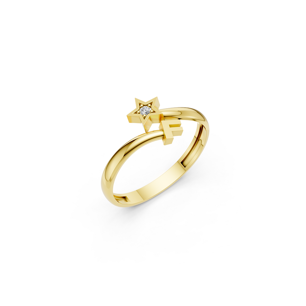 Yellow gold star & initial F ring in a detailed side view