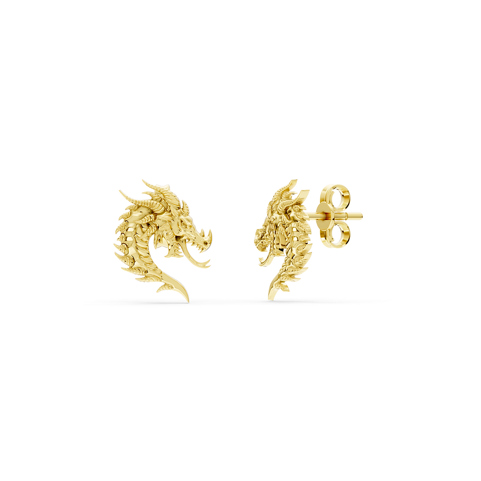 Yellow gold dragon head earrings in a detailed front view