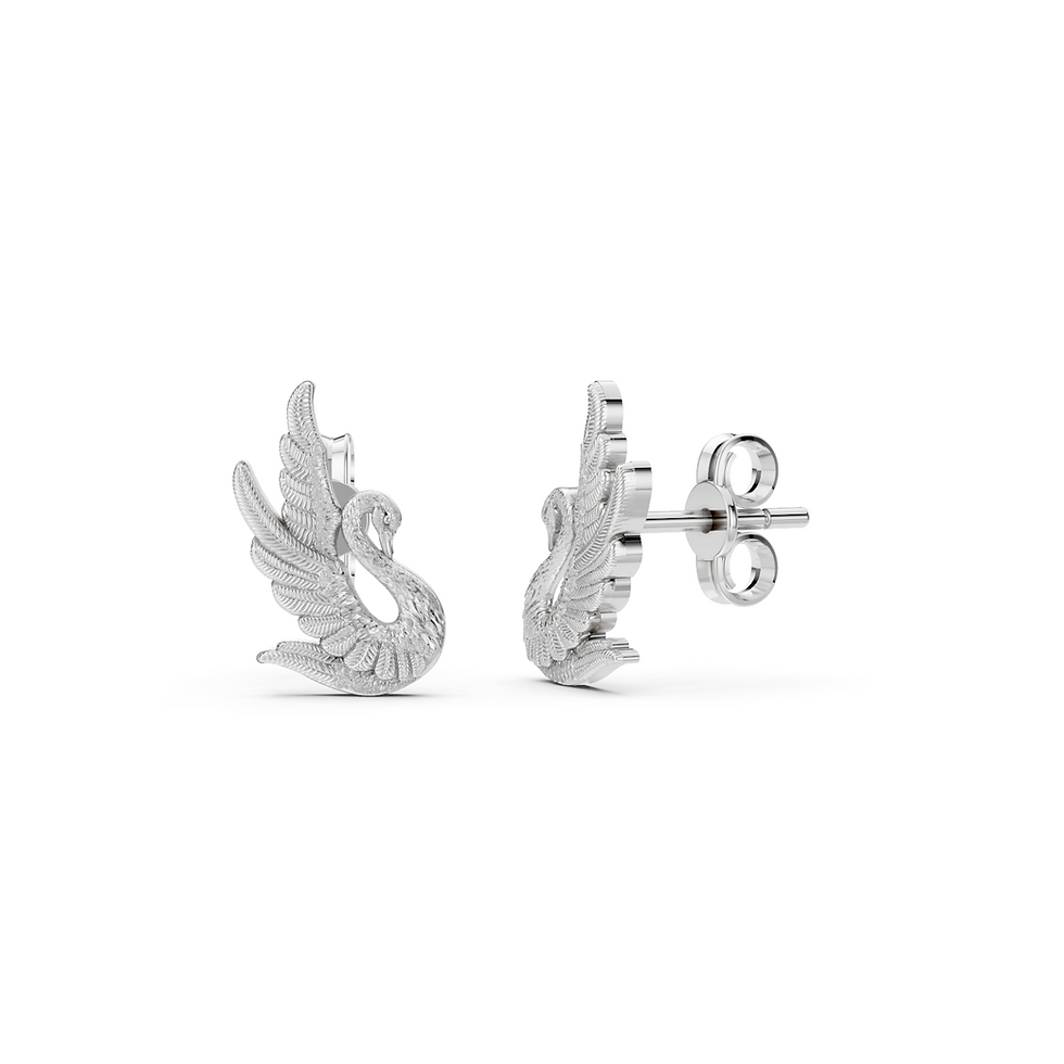 White gold swan earrings in a detailed front view
