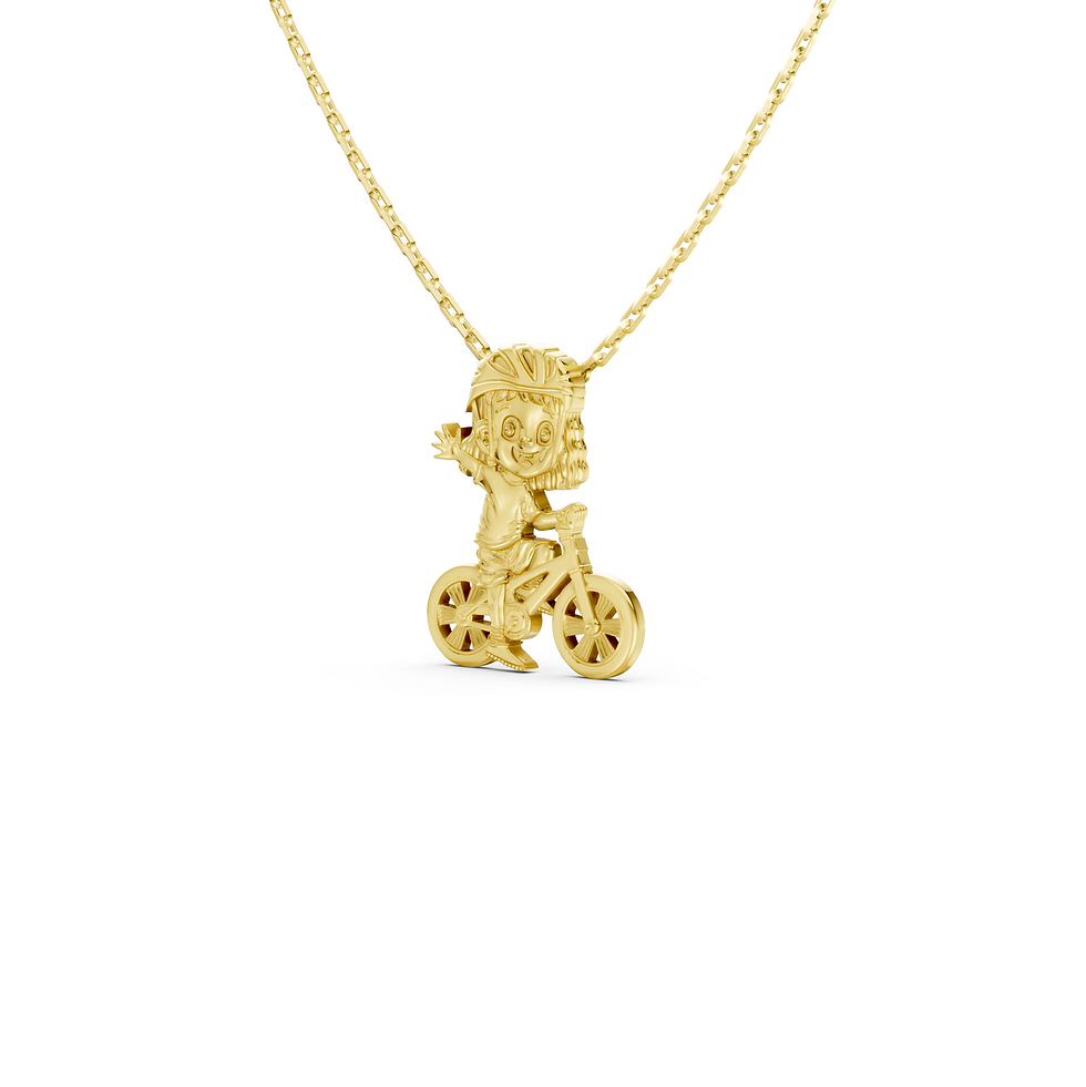 Yellow gold child riding bike pendant in a detailed side view