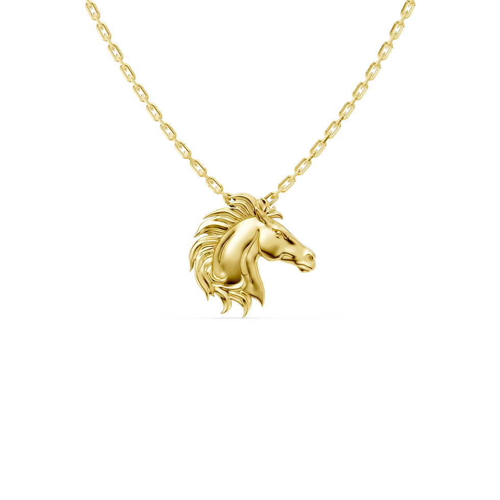 Yellow gold horse head pendant in a detailed front view