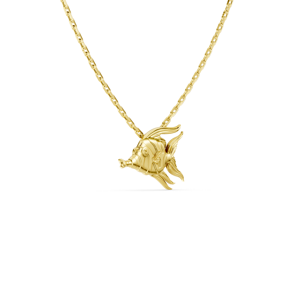 Yellow gold pelagius fish pendant in a detailed side view