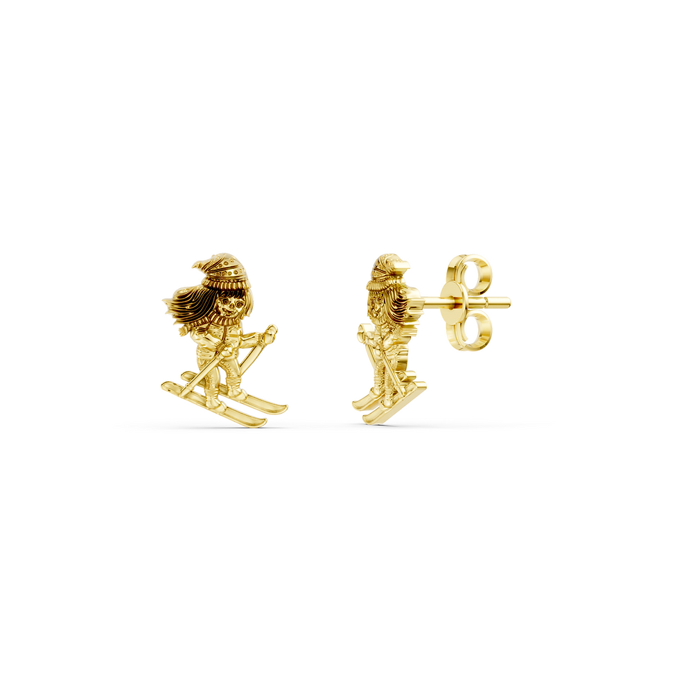 Yellow gold skiing girl earrings in a detailed front view