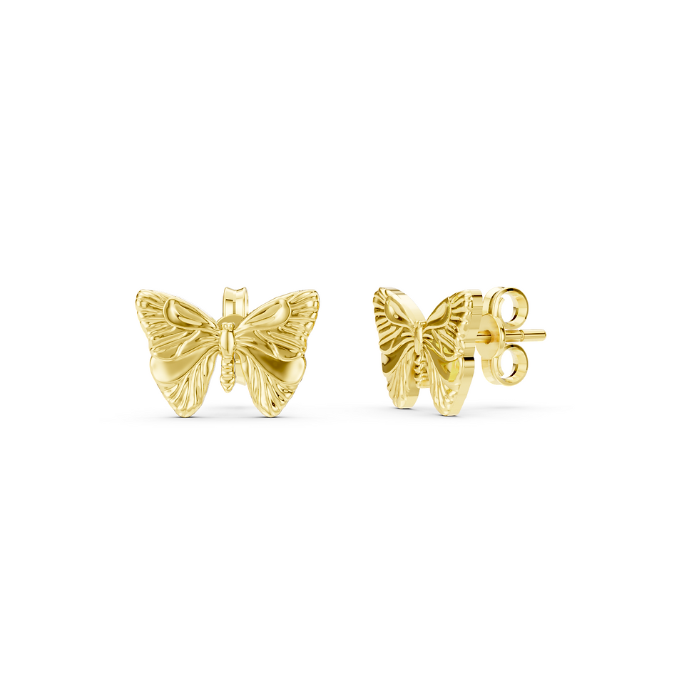 Yellow gold butterfly earrings in a detailed front view
