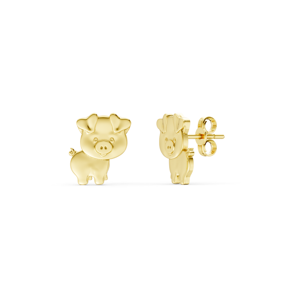 Yellow gold piggy earrings in a detailed front view