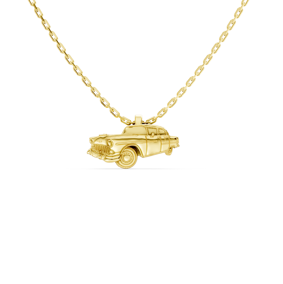 Yellow gold classic car pendant in a detailed front view
