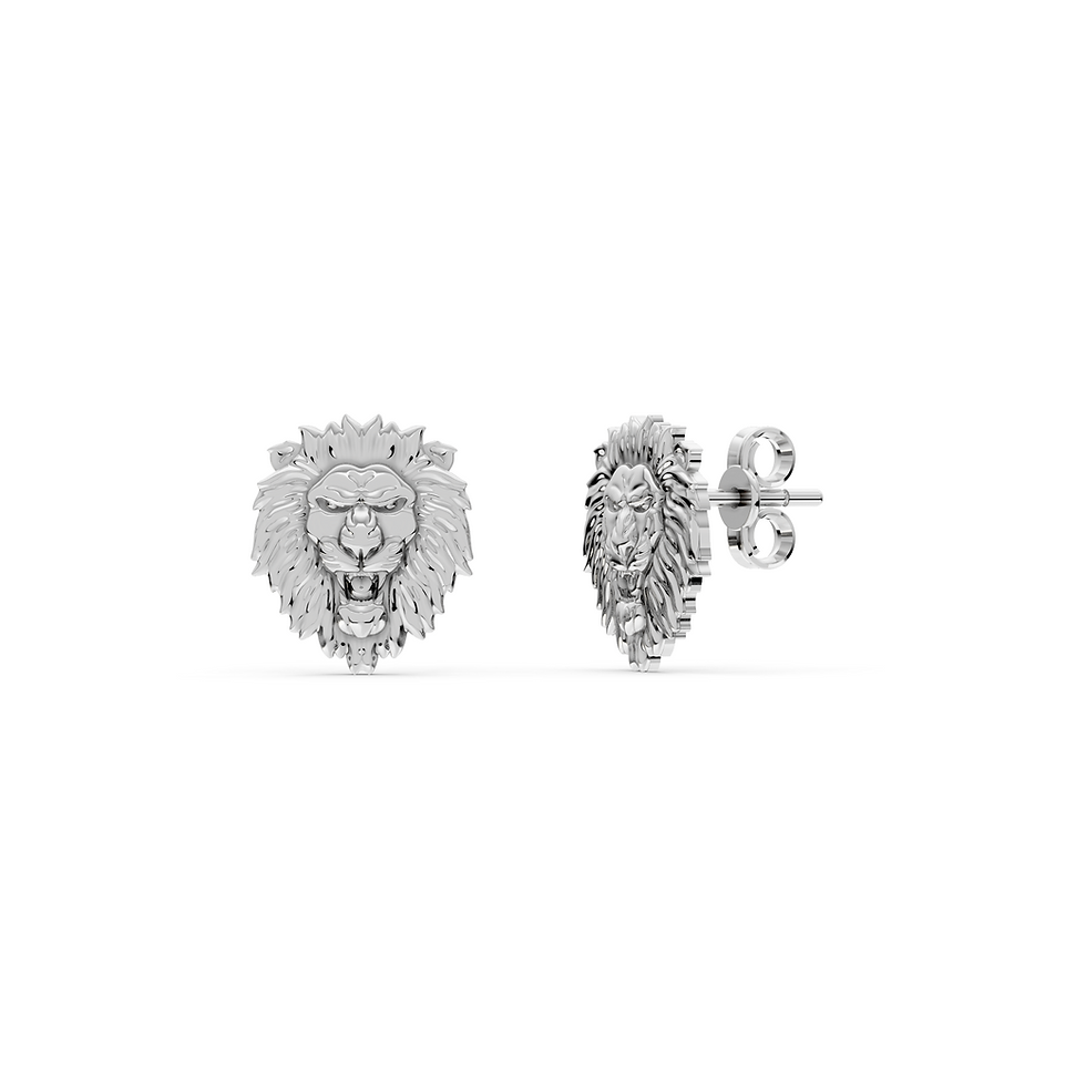 White gold lion head earrings in a detailed front view