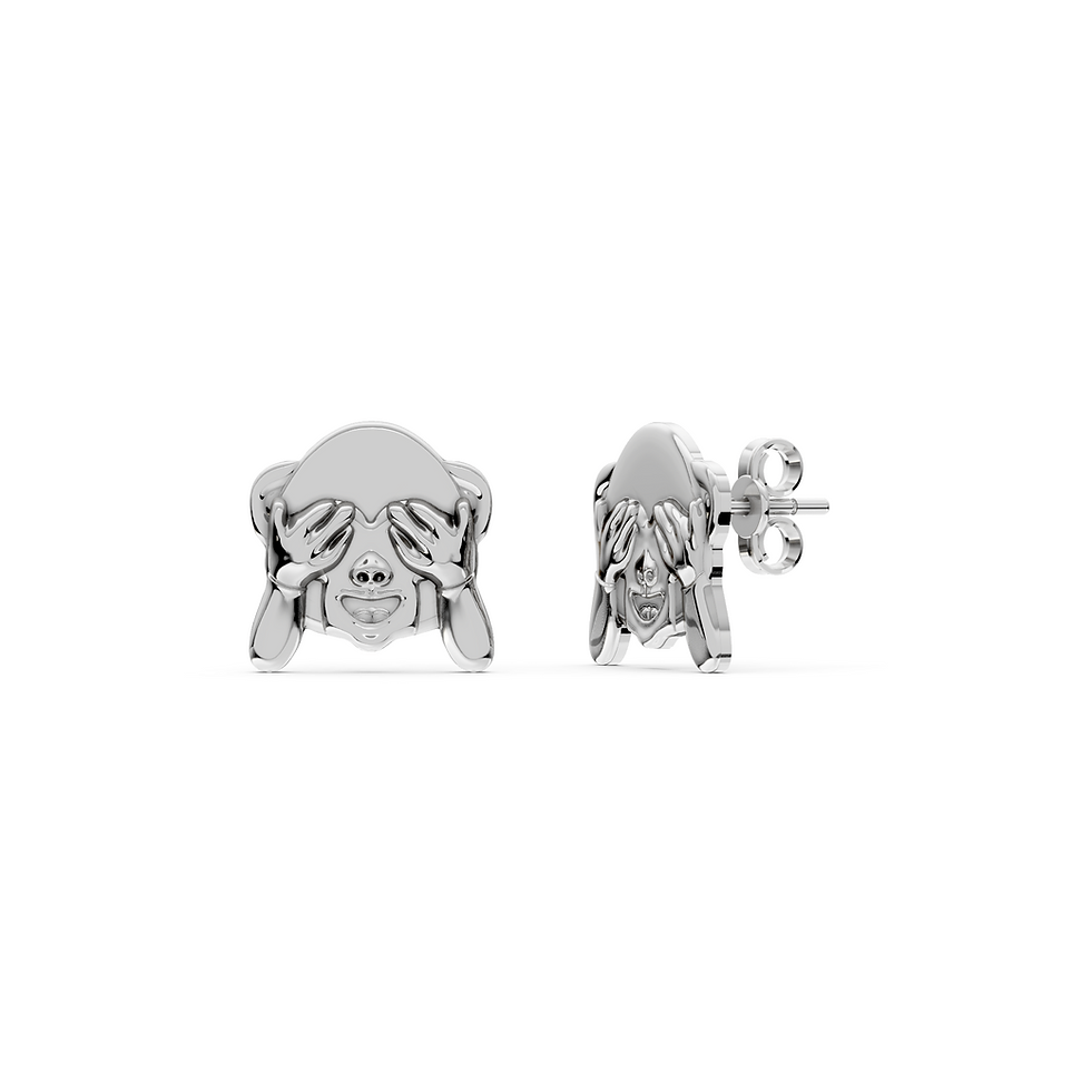 White gold mizaru earrings in a detailed front view
