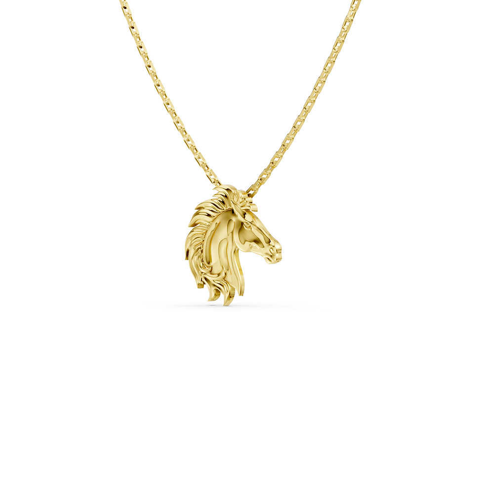 Yellow gold horse head pendant in a detailed side view