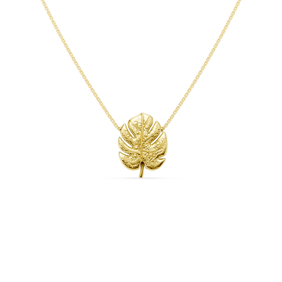 Yellow gold delicate leaf pendant in a detailed front view