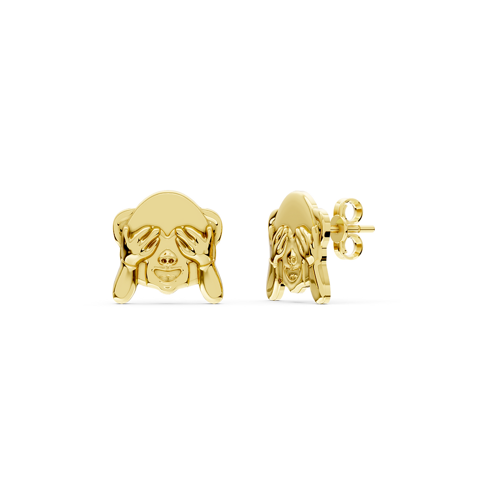 Yellow gold mizaru earrings in a detailed front view