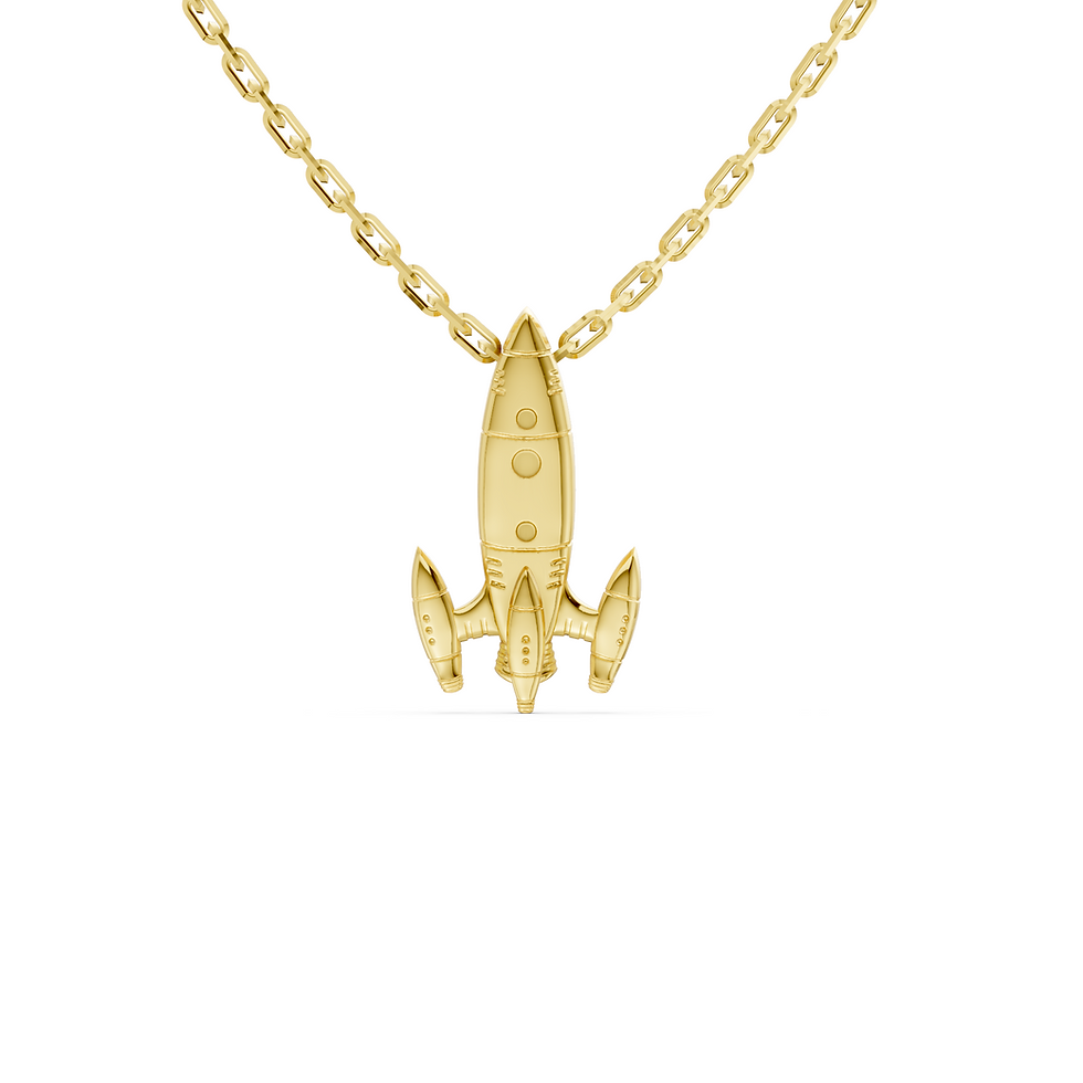 Yellow gold rocket pendant in a detailed front view