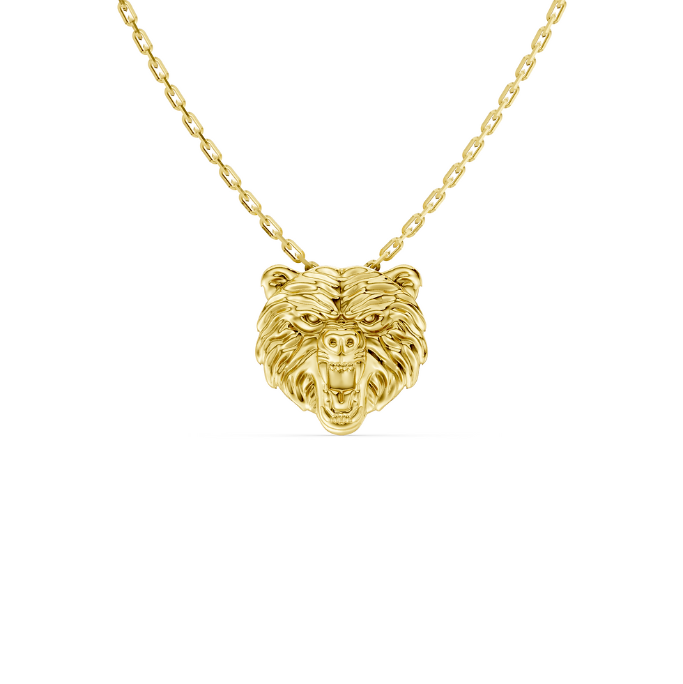 Yellow gold bear head pendant in a detailed front view