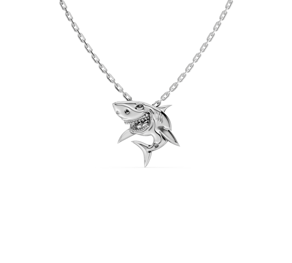 White gold shark pendant necklace in a detailed front view