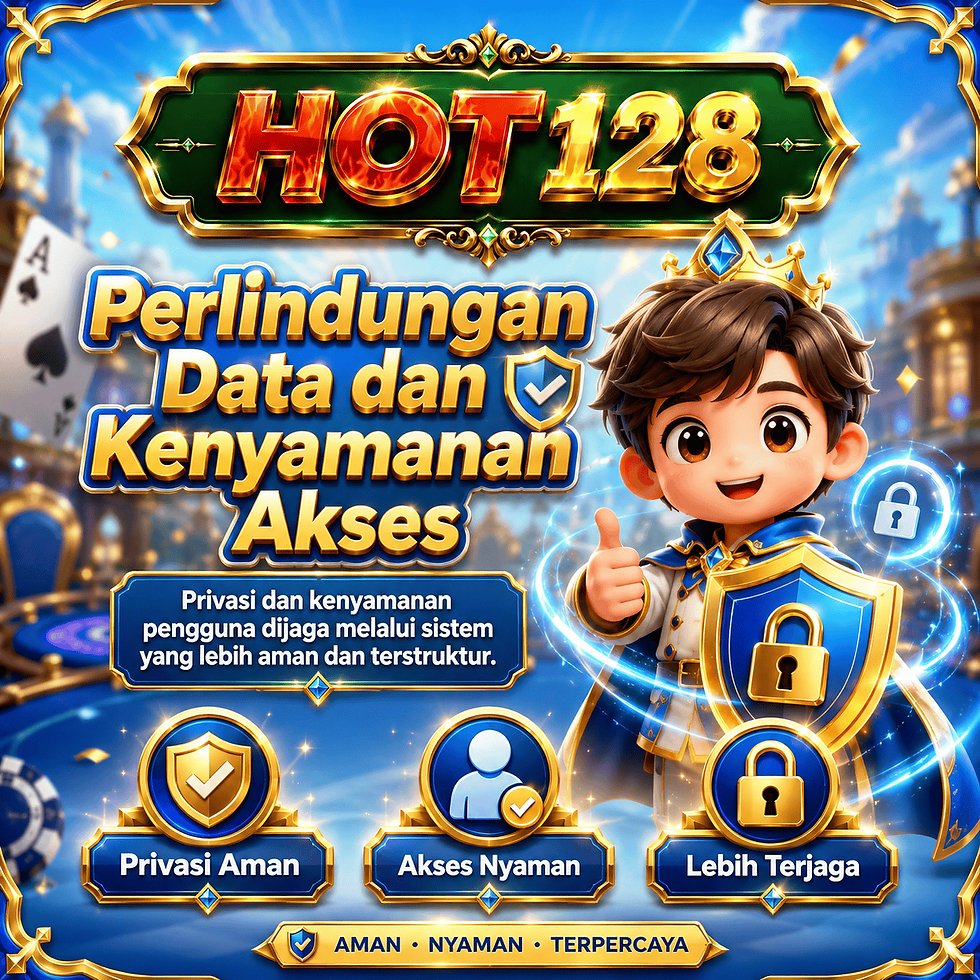 Poster HOT128 perlindungan data dan kenyamanan akses, karakter laki-laki dengan tameng, warna biru emas, landscape