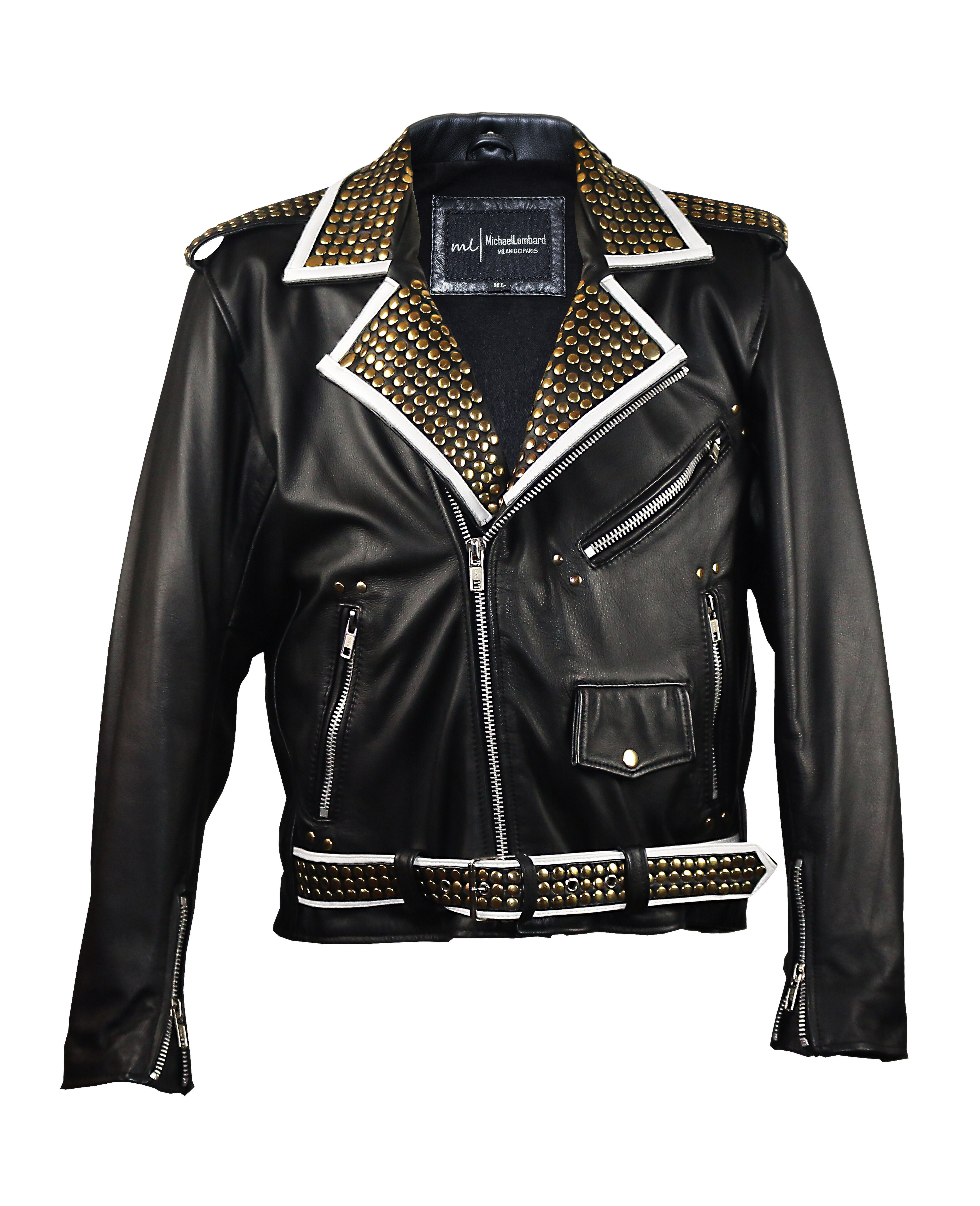 THE ROCKER- Black Studded "No Saints Without Sinners" Calfskin Leather Jacket