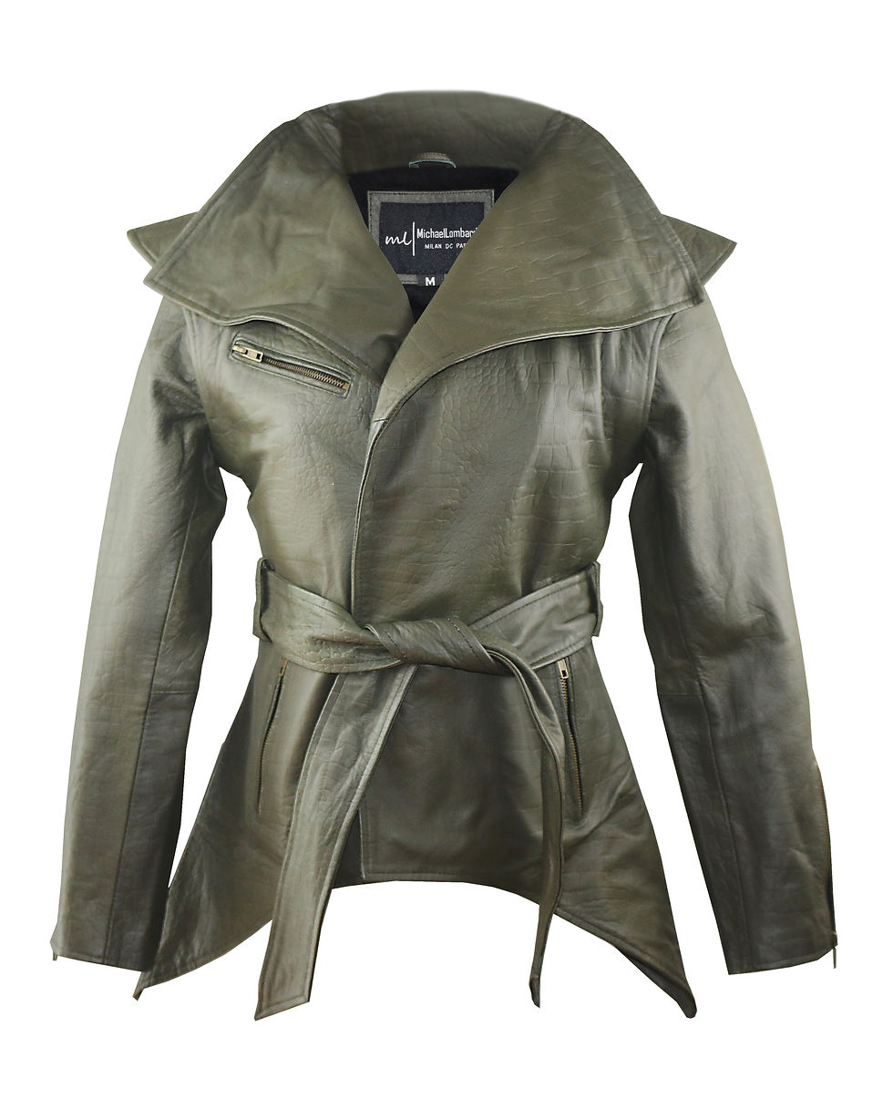 Thumbnail: XENA- Army Green Crocodile Print Moto Sheepskin Leather Jacket