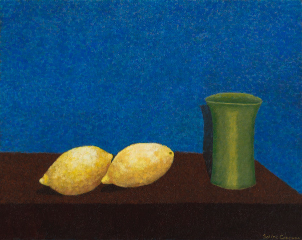 DEUX CITRONS ET POT VERT Huile sur toile 2017 SOLINE CANOVAS