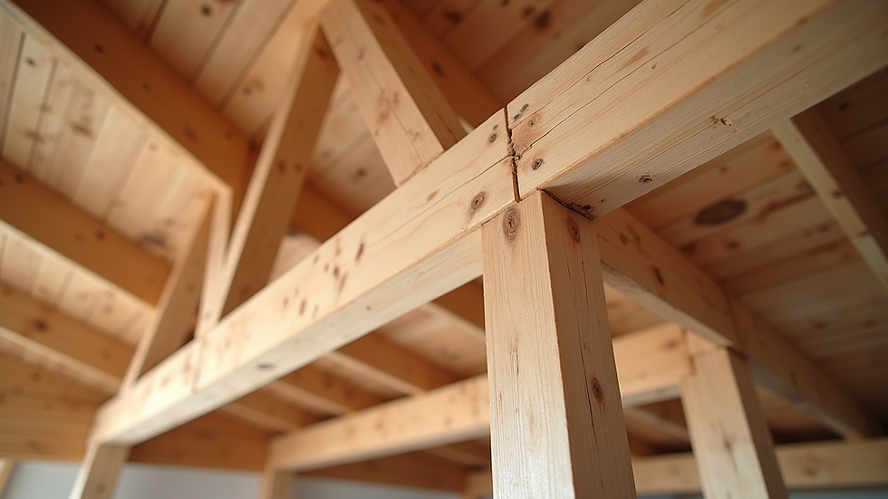 Close-up view of wooden beams and joints in house construction