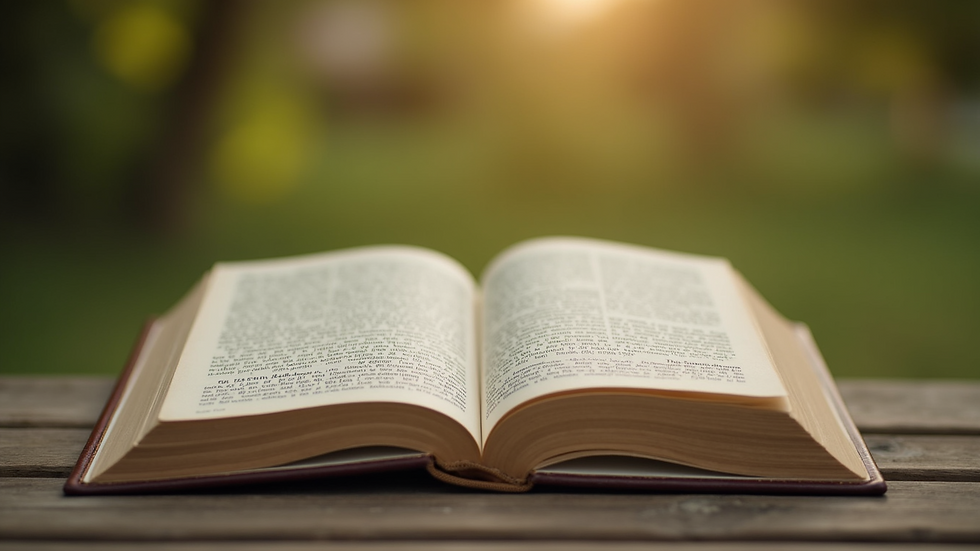 Close-up of an open book with a highlighted passage on an outdoor table