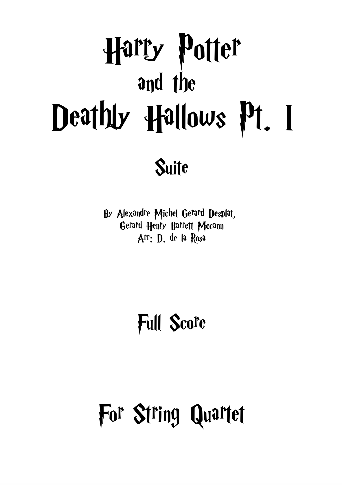 Harry Potter And The Deathly Hallows Pt. 1 - String Quartet Full Score and Parts