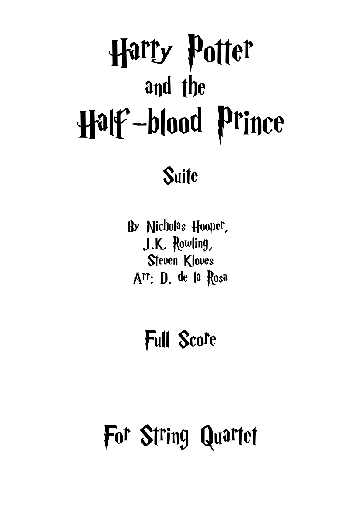 Harry Potter And The Half-blood Prince - For String Quartet Full Score and Parts