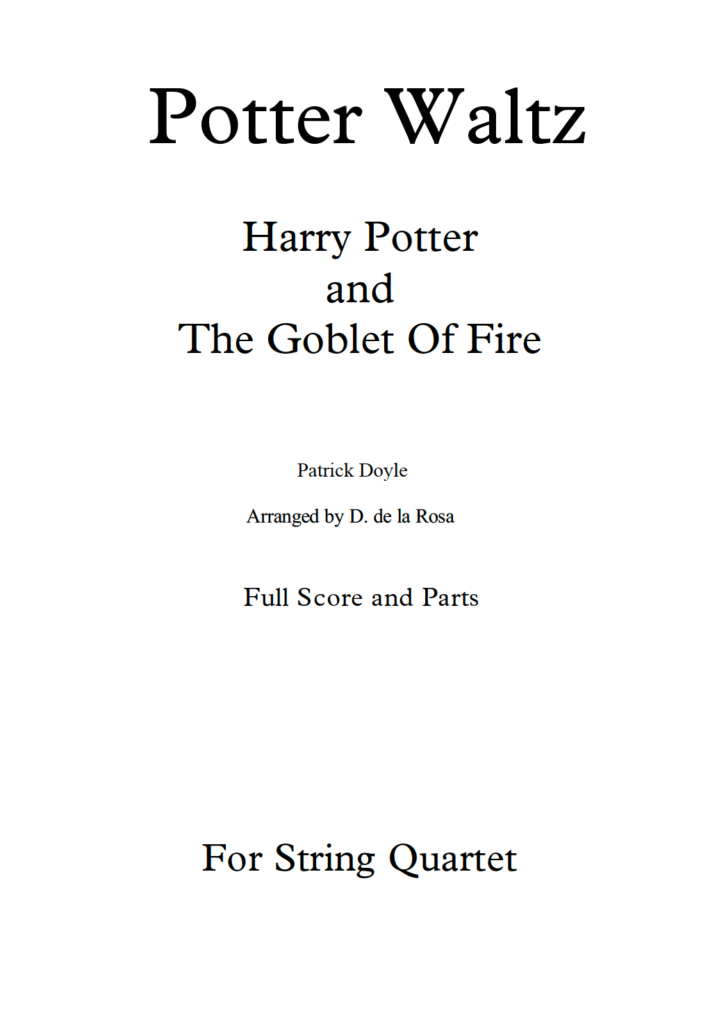 Potter Waltz - Patrick Doyle - For String Quartet (Full Score and Parts)