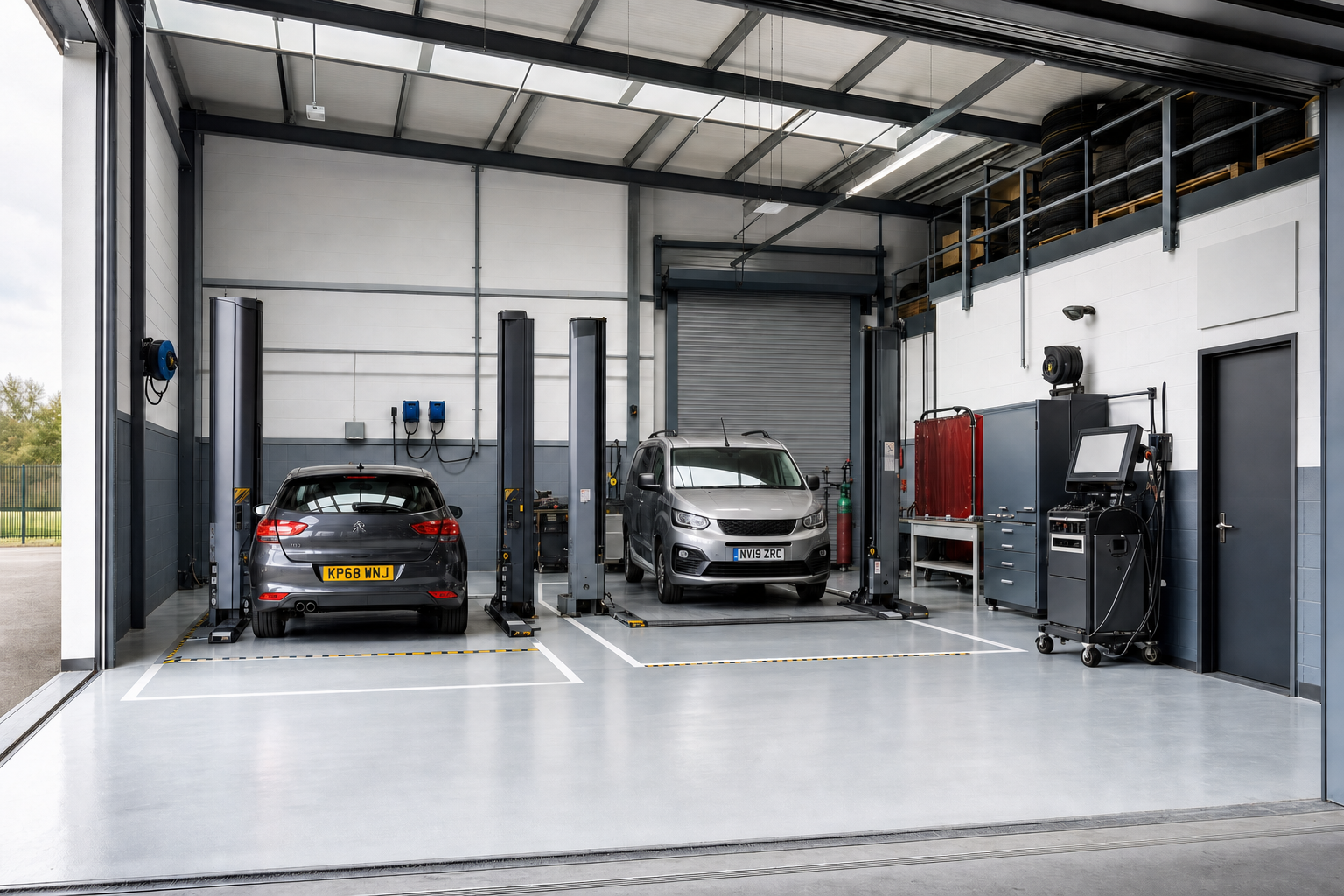 Two cars are parked in a clean, organised garage service area with vehicle lifts and diagnostic equipment.