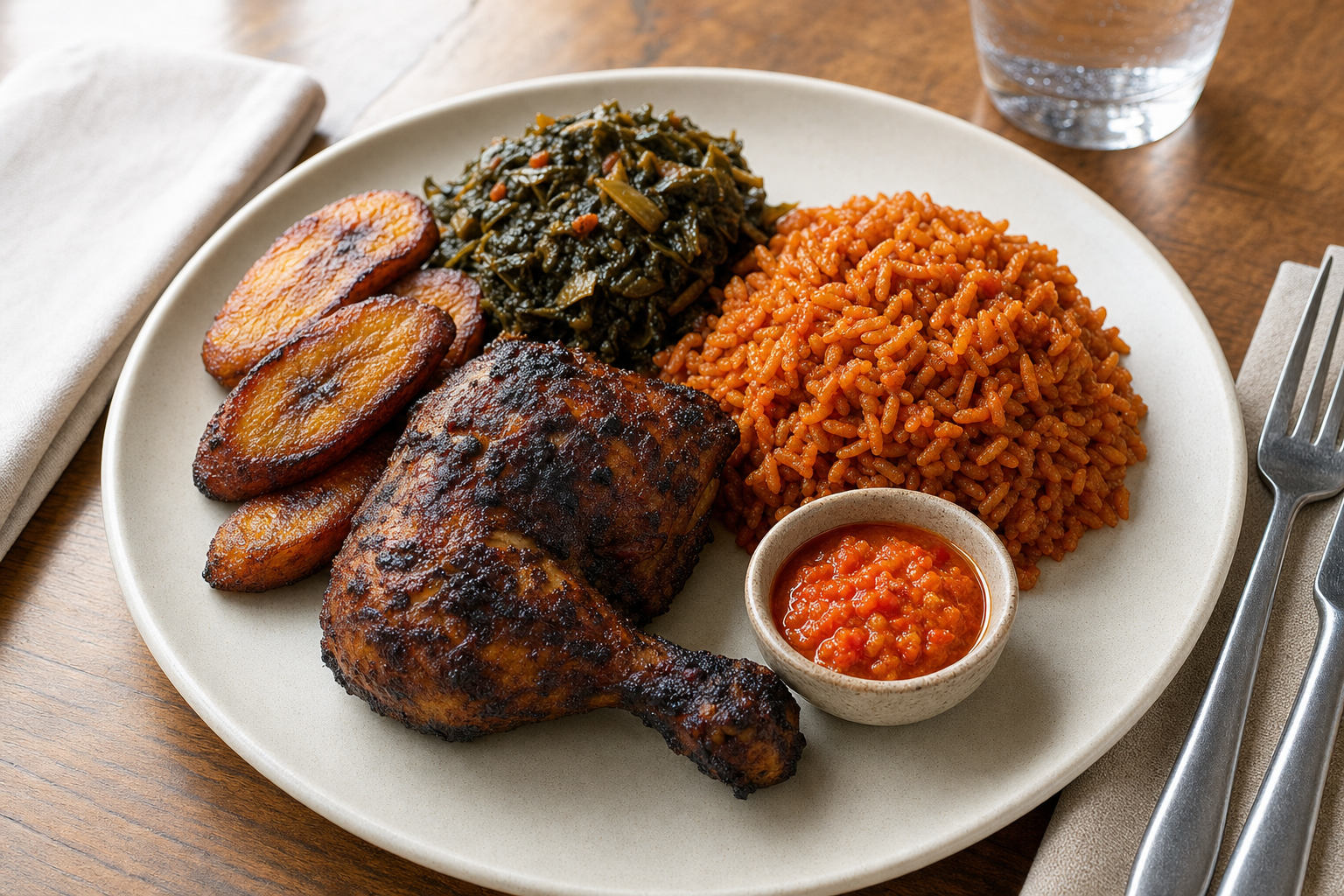 A plate of grilled chicken, jollof rice, fried plantains, and greens with a small bowl of red sauce.