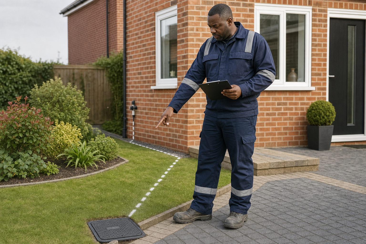Engineer in blue overalls with a clipboard points to a marked underground cable route in a garden.