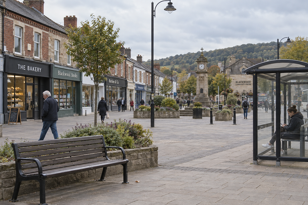 A bustling town square with shops, a clock tower, and people walking or sitting at a bus stop.