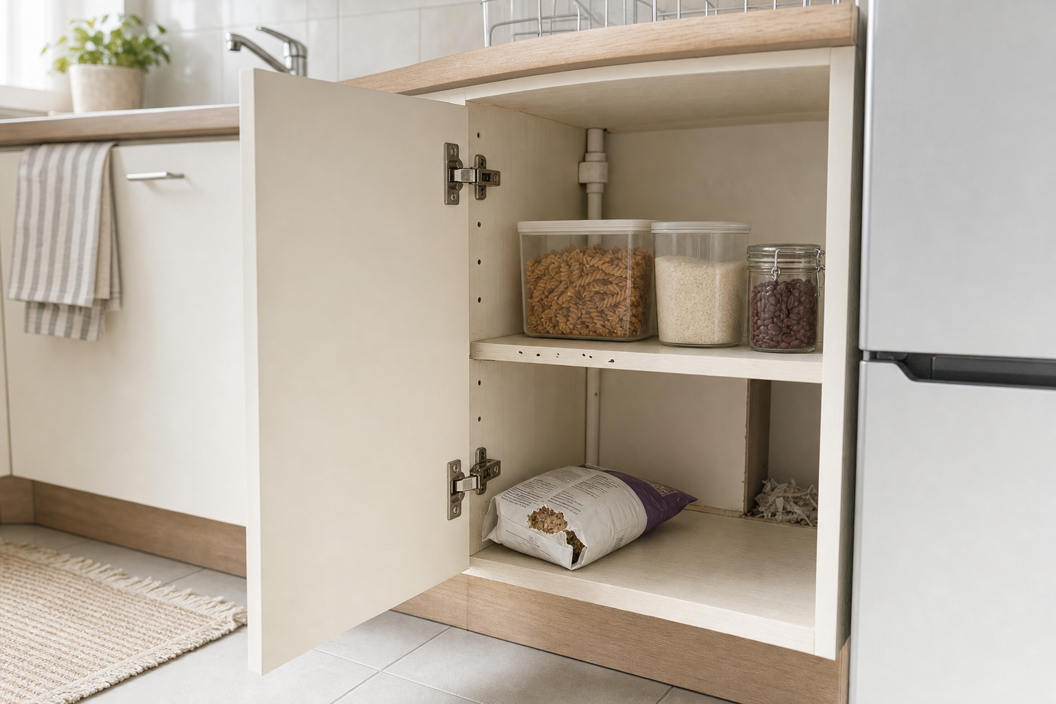 Kitchen cupboard open showing organised dry food containers and a bag of pasta on the shelf.